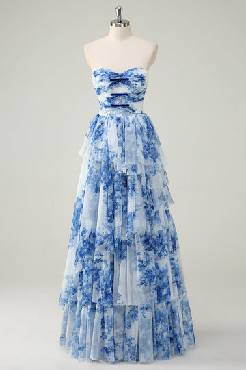 Blanc Bleu Fleur Une Ligne Sans Bretelles Robe De Soirée À Niveaux